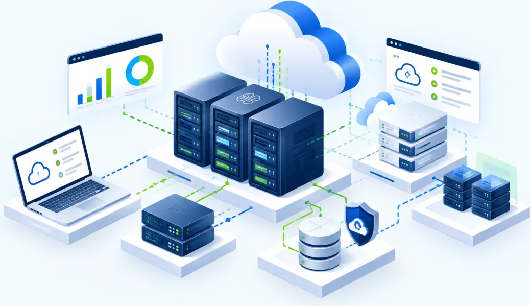 On-premises racks and cloud capacity sharing one estate, with backup storage and recovery alongside