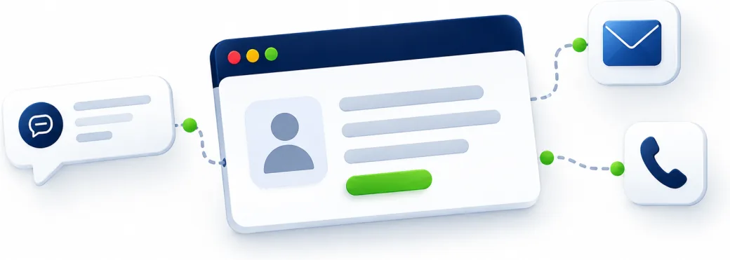 A contact form beside a chat bubble, an envelope and a phone