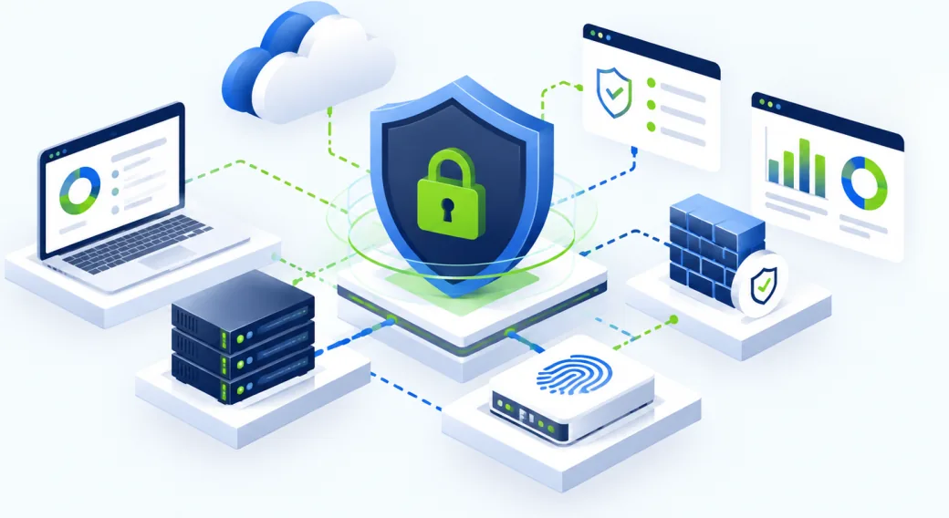 A shield and padlock above the estate, with a firewall, identity reader, servers and monitoring around it