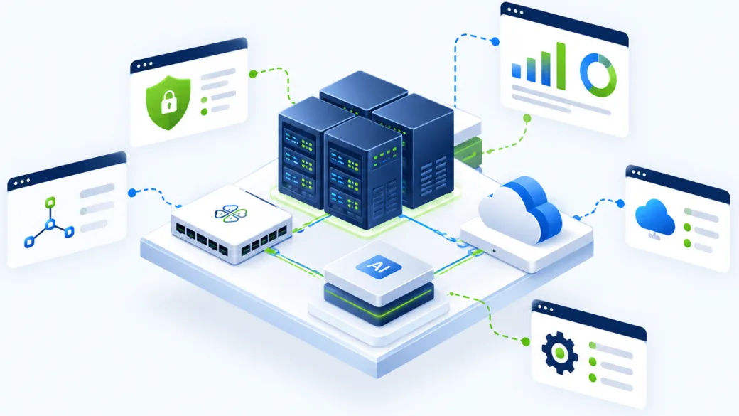 An isometric platform carrying servers, a cloud and a performance dashboard, linked as one estate