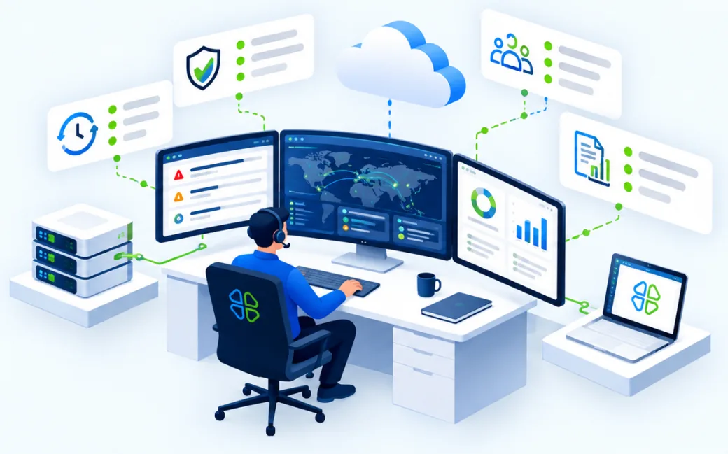 An engineer at a monitoring desk, watching alerts, a world map of sites and service dashboards
