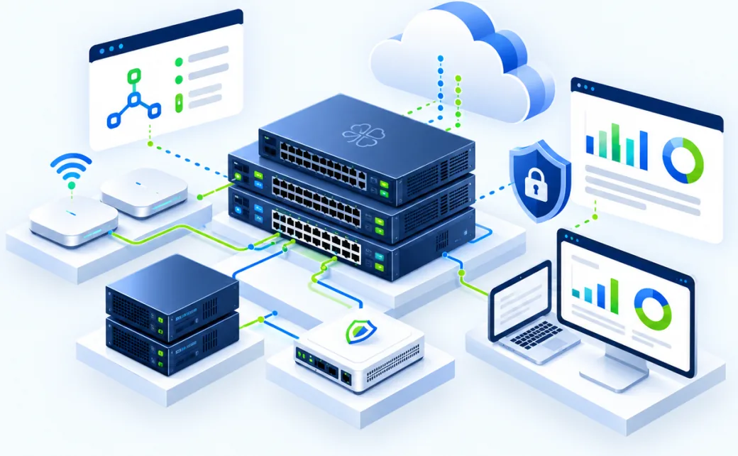 Stacked switches with wireless access points, servers and a firewall, feeding a cloud and two dashboards