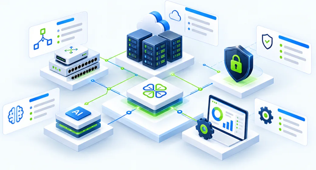 Network, compute, cloud, security and analytics on linked platforms around a central Four Leaf tile